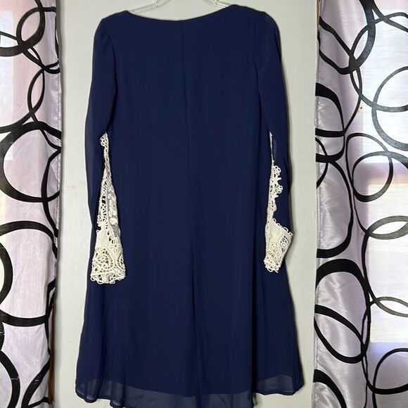 Jodi Kristopher dark blue shift dress with semi sheer lace sleeves size small - Picture 13 of 14